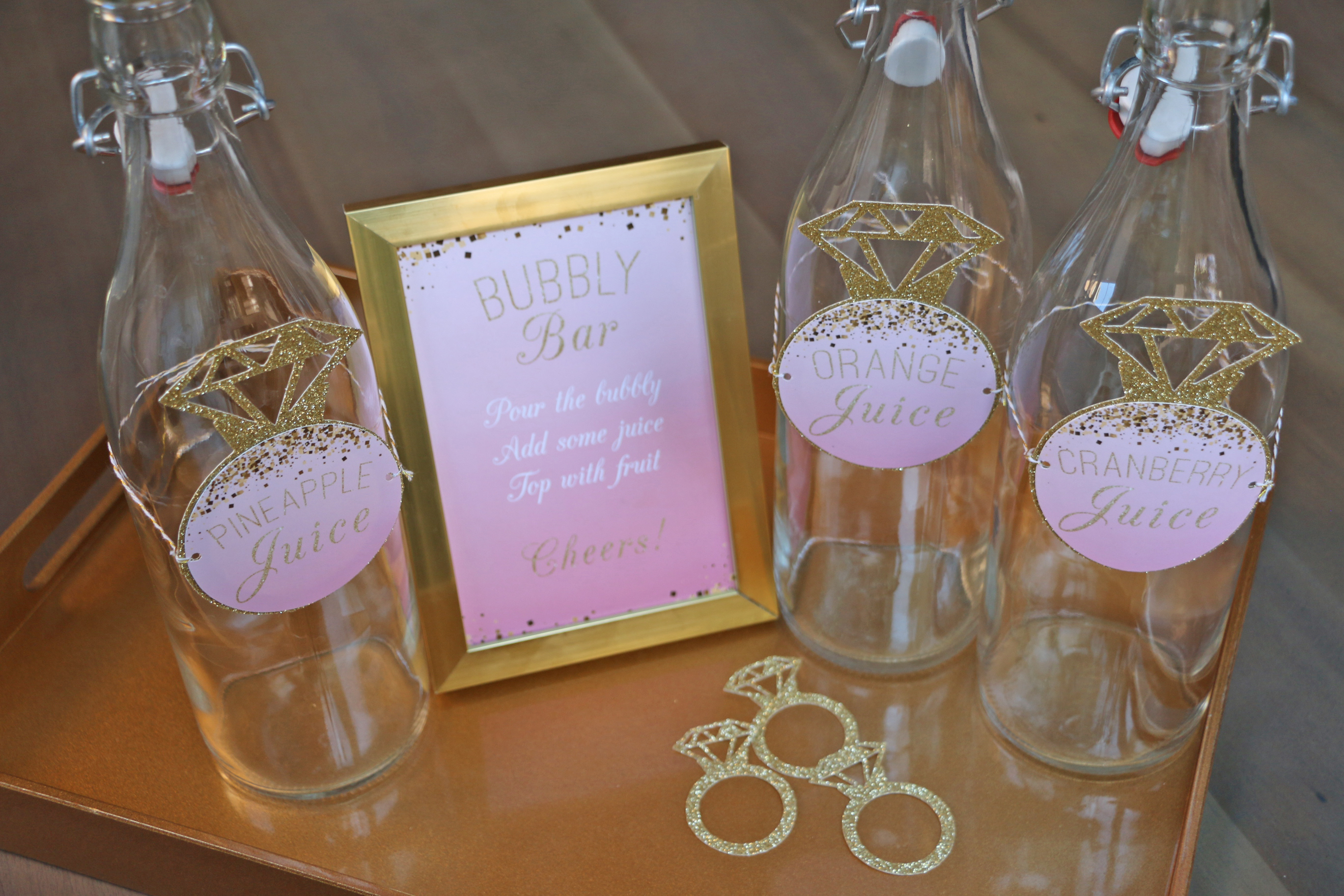 Blush Engagement Party Mimosa Bar: bridal shower bubbly bar