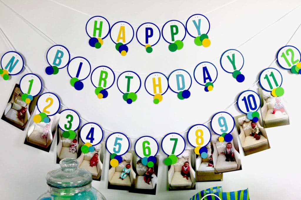 Blue and Green Ball Birthday Party 12 Month Banner