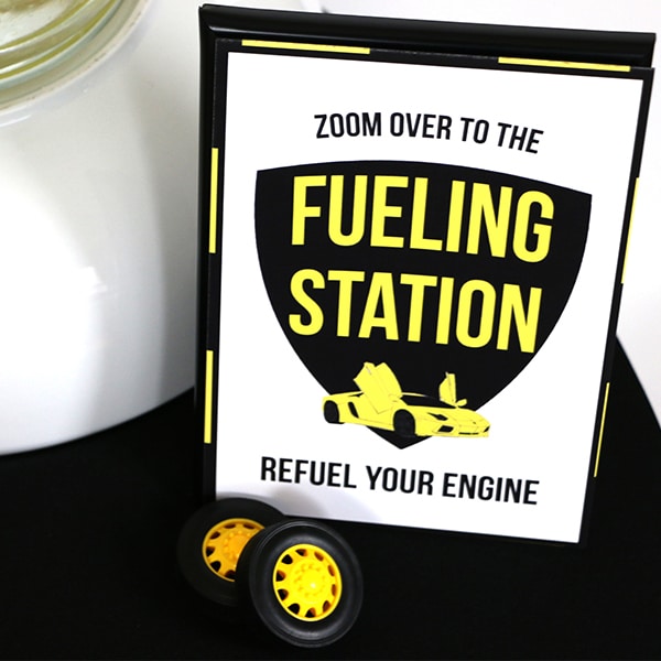 Yellow and black Supercar Party Fueling Station Sign