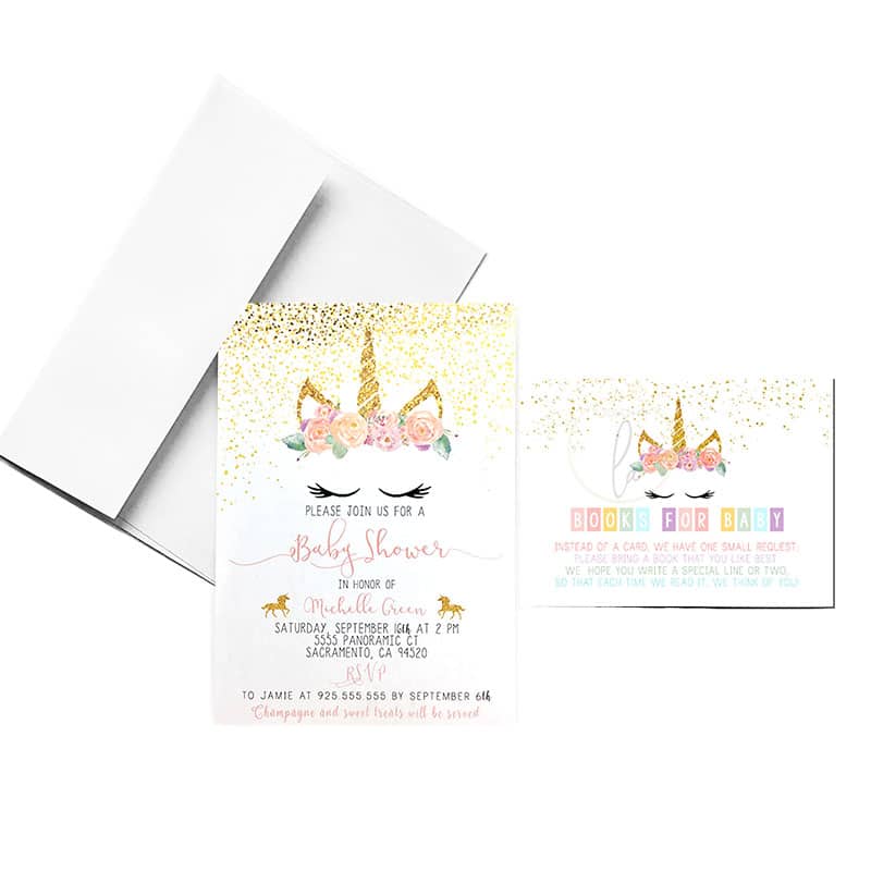 Unicorn Baby Shower Book Card and Invitation