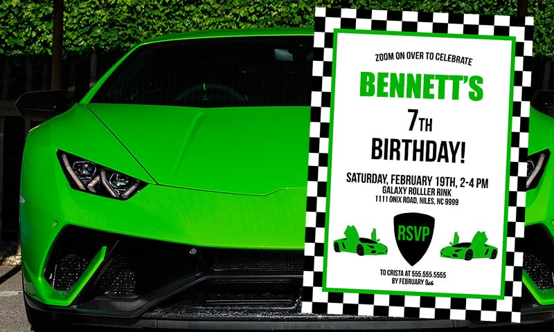 Green exotic car party theme invitation