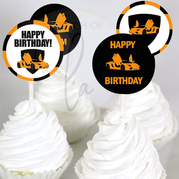 orange supercar party cupcake toppers