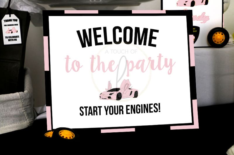 Pink Sports Car Party Welcome Sign
