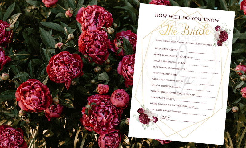 Printable Red Peony Bridal Shower Games